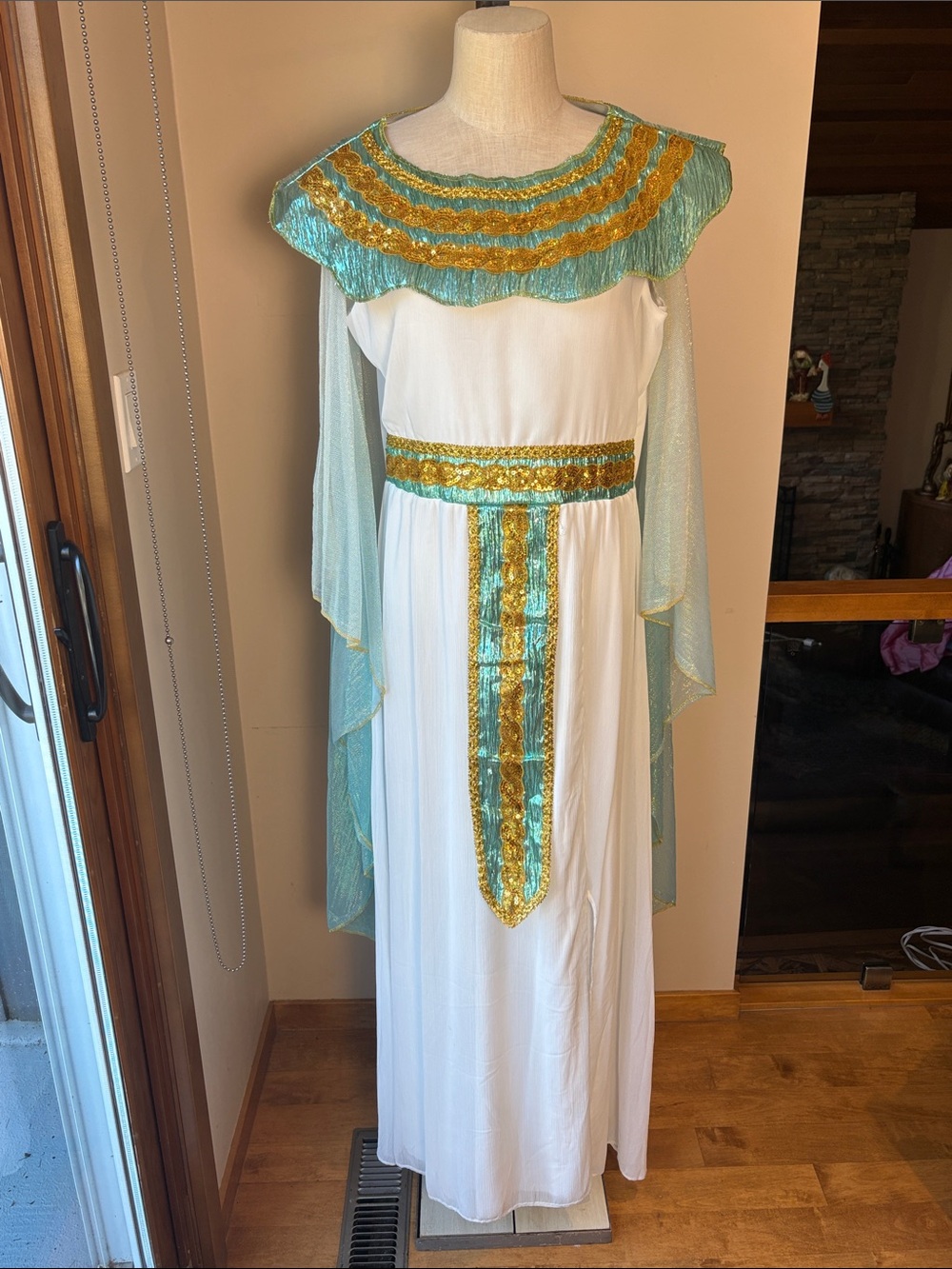 Ladies  White and Aqua Egyptian Princess Costume with Gold Trim by